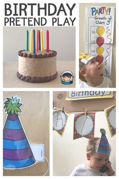 a collage of photos with birthday decorations and cake