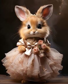 a small rabbit dressed in a dress with flowers on it's chest and ears