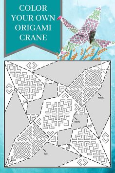 the color your own origami cranee pattern is shown in blue and white