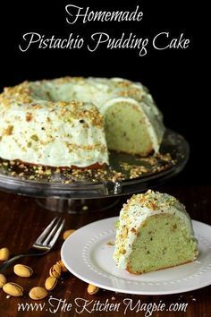 homemade pistachio pudding cake on a white plate