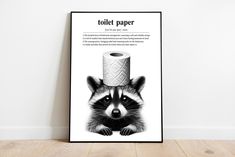 a raccoon with a roll of toilet paper on it's head is shown