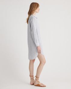 An easy, timeless classic. This shirt dress should be a staple in any wardrobe. Made from 100% European linen and designed to be versatile, with elegant buttons down the front, and two pockets at the waist.  | Quince | Women's 100% European Linen Shirt Dress in Blue Pinstripe, Size XL, Organic Linen Natural Textiles, Linen Tank, Linen Shirt Dress, Linen Short, European Linens, Organic Linens, Dress Shirts For Women, Lovely Dresses, Linen Women