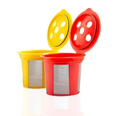 two plastic trash cans with lids and mesh sides, one yellow and the other red