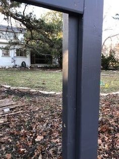 the back yard has fallen leaves on the ground, and there is a house in the background