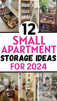 small apartment storage ideas for the new year, including drawers and shelves with items in them