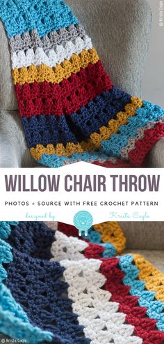 a crocheted blanket with the words willow chair throw written in white and blue