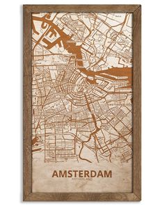 an old wooden framed map of amsterdam, with the word amsterdam in brown on it