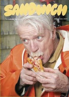 an older man eating a slice of pizza on the cover of sambouch magazine