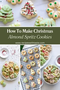 Christmas cookies cooling on a wire rack. Almond Spritz Cookies, Christmas Flavors, Spritz Cookie, Cookie Shapes, Spritz Cookie Recipe, Macarons Macaroons