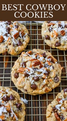 the best cowboy cookies are made with chocolate chips, coconut and pecans on top