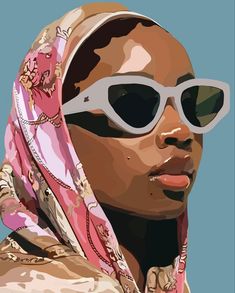 a painting of a woman with sunglasses and a scarf around her head, wearing a headscarf