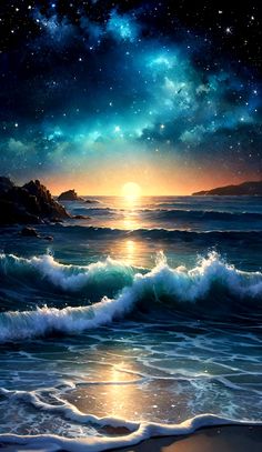 an ocean scene with waves and stars in the sky