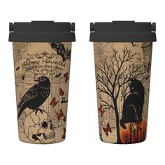 two coffee cups with the same design on each cup, one has a crow and the other has a skull