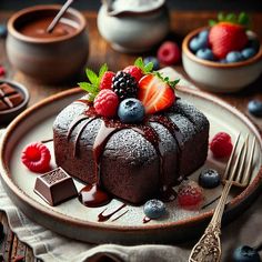 a chocolate bundt cake with berries, raspberries and chocolate sauce on top