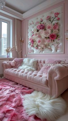 a living room filled with pink furniture and lots of flowers on the wall above it