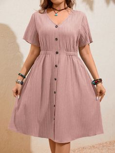 Plus Size Solid Color Cinching Waist Vacation Casual Dress With Front Buttons Dusty Pink Casual  Short Sleeve Woven Fabric Plain A Line Non-Stretch  Women Plus Clothing, size features are:Bust: ,Length: ,Sleeve Length: Flattering Dress For Big Tummy, Basic Dress Pattern, Casual Dresses Plus Size, Frock Patterns, Vestido Plus Size, Moda Plus, Short Dresses Casual, Elegant Dresses Long, Flattering Dresses