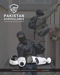 two men in black jackets are climbing up stairs with cameras on each side and the words pakistan surveillance above them