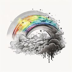 a drawing of a rainbow with clouds and stars