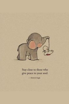 an elephant with a baby in it's trunk and the words stay close to those who give peace to your soul