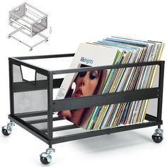 a metal rack with cd's and magazines in it, next to an image of a woman