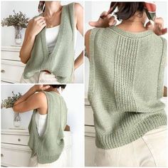 the woman is wearing a green knitted sweater