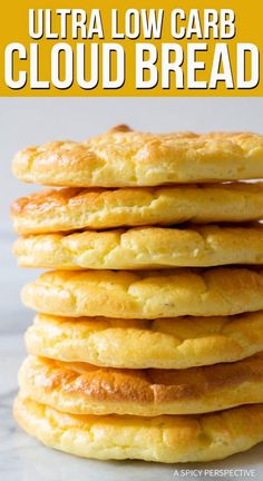 a stack of pancakes with text overlay reading how to make ultra low carb cloud bread