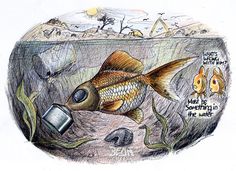 a drawing of a goldfish in the water with other fish around it and an empty can