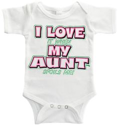 This funny baby one piece reads, "I Love it When My Aunt Spoils Me". It's great to wear when Auntie is watching your little one or to buy for your very special niece or nephew. Available on a white, 100% cotton, heavyweight romper. Size Chart:0-3 Months: 0-7 lbs, 7.5" chest, 14" length 3-6 Months: 8-16 lbs, 8" chest, 15" length 6-12 Months: 17-24 lbs, 9" chest, 16.5 length 12-18 Months: 25-29 lbs, 9.5" chest, 18" length Playful White Onesie With Name Print, Birthday Onesie With Funny Text, White Family Matching Bodysuit With Name Print, Playful White Onesie With Letter Print, Funny Short Sleeve White Onesie, Funny White Short Sleeve Onesie, Playful White Bodysuit With Letter Print, Playful White Letter Print Bodysuit, Family Matching White Onesie With Name Print