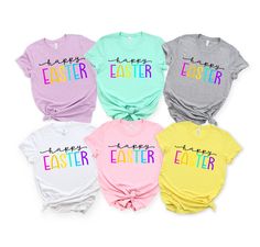 Happy Easter shirt, Easter Bliss, Matching Shirts for Her, Vibrant Colors, Cute & Comfy, Ideal Easter Gift Ide,. Matching Easter tshirts MADE TO ORDER  This listing is for ONE UNISEX cozy sweatshirts and tees with the design as seen in the listing picture. All other items in photo are just props :) SIZING: -Easy measuring tip: Take you favorite sweatshirt or tee, lay it on a flat surface and measure the width (armpit to armpit) and length (top to bottom), then compare with my size chart! -Shirts Easter Shirts For Women, Cheap Casual T-shirt For Easter, Playful White T-shirt For Easter, Pink Cotton T-shirt For Easter, Cheap Playful T-shirt For Easter, Playful Easter Short Sleeve T-shirt, Gift Ide, Easter Shirts, Easter Tees