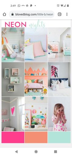 a collage of photos with pink, blue and green accents on the walls in different rooms