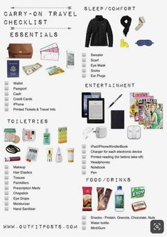 the contents of a carry - on travel checklist are shown in this graphic diagram