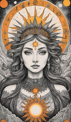 a drawing of a woman with sun on her head and stars in the sky above her