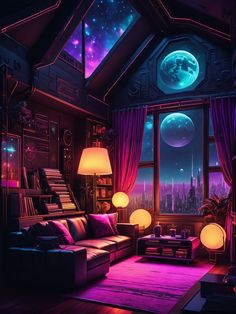 a living room filled with lots of furniture under a sky full of stars and planets