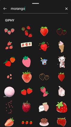 an iphone screen with various stickers on the back of it, including strawberries and strawberrys