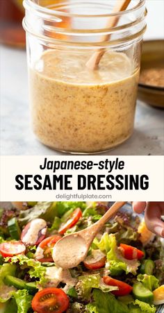 a jar of Japanese sesame dressing for salad. Japanese Sesame Salad Dressing, Asian Salad Dressing Recipe, Japanese Salad Dressing Recipe, Japanese Salad Dressing, Sesame Dressing Recipe, Sesame Salad Dressing, Sesame Salad, Asian Salad Dressing, Japanese Salad