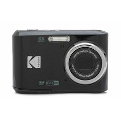 a black digital camera sitting on top of a white surface