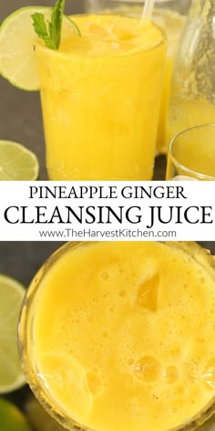 two glasses filled with pineapple ginger cleaning juice