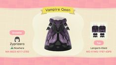 the dress is purple and black with white trims on it's chest, and has an embellishment that says vampire open