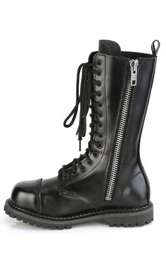 RIOT-14 Black Leather Boots-Demonia-Tragic Beautiful Concert Black, Demonia Boots, Black Leather Combat Boots, Demonia Shoes, Leather Knee Boots, Leather Combat Boots, Knee Boot, Black 13, 2 Inch Heels