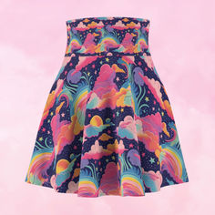 Women's Retro Rainbow Circle Skirt, Pink Orange and Blue Cotton Candy Clouds High Waisted Skater Skirt, Rainbow Plus Size Soft Stretchy Skirt Plus Size Soft, Rainbow Circle, Blue Cotton Candy, Candy Clouds, Cotton Candy Clouds, Stretchy Skirt, Retro Rainbow, Womens Skirts, Circle Skirt