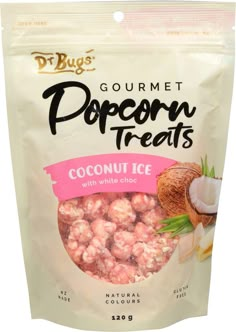 the bag of popcorn treats has coconuts in it and is ready to be eaten