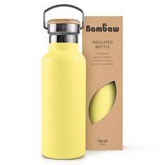 a yellow insulated bottle next to a cardboard box