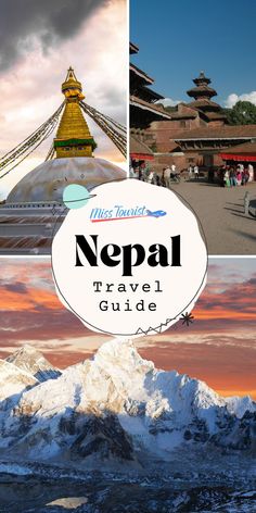 nepal travel guide with the words nepal on it and pictures of mountains in the background