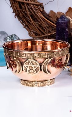 Triple Moon w Pentagram Copper Altar Bowl-TB-Tragic Beautiful Wiccan Alter, Flowers And Crystals, Platform Creepers, Thigh High Boots Flat, Pleaser Heels, Offering Bowls, Witchcraft Supplies, Burning Incense, Copper Bowl