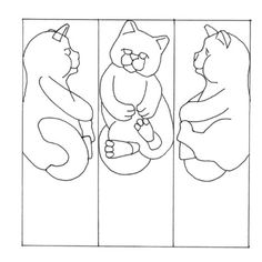 three line drawings of cats sleeping on the same sheet as one cat is holding a teddy bear