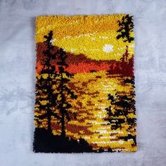 Vintage 70s Latch Hook Rug Silloete Trees With Sunset And Lake With Hills Perfect For A Wall Or Use For An Area Rug! Excellent Condition! 27 Inch X 19 Inch Latch Hook Rug, Hook Rug, Latch Hook Rugs, Hooked Rugs, Latch Hook, Vintage Orange, Yarn Art, Rug Hooking, Orange Brown