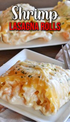 shrimp lasagna rolls on a white plate with the title overlay reading shrimp lasagna rolls