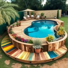 a backyard with a swimming pool and decking