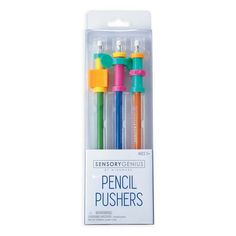 four colorful pens in packaging with the words pencil pushers written on each one side