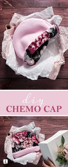 two photos showing the inside of an empty chemo cap and how to fold it